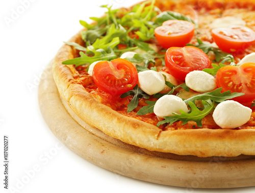 Margherita pizza with fresh arugula, Mozzarella and tomatoes, isolated on white