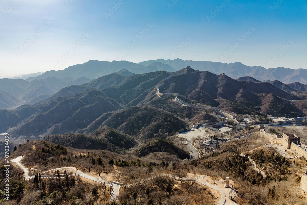 View from the Great Wall of China with mountains and hills