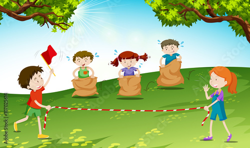 Children play jumping sack in the park