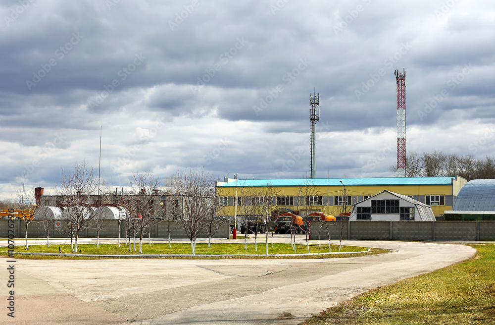 Industrial area with hangars and means of transportation Industrial area with hangars and means of transportation