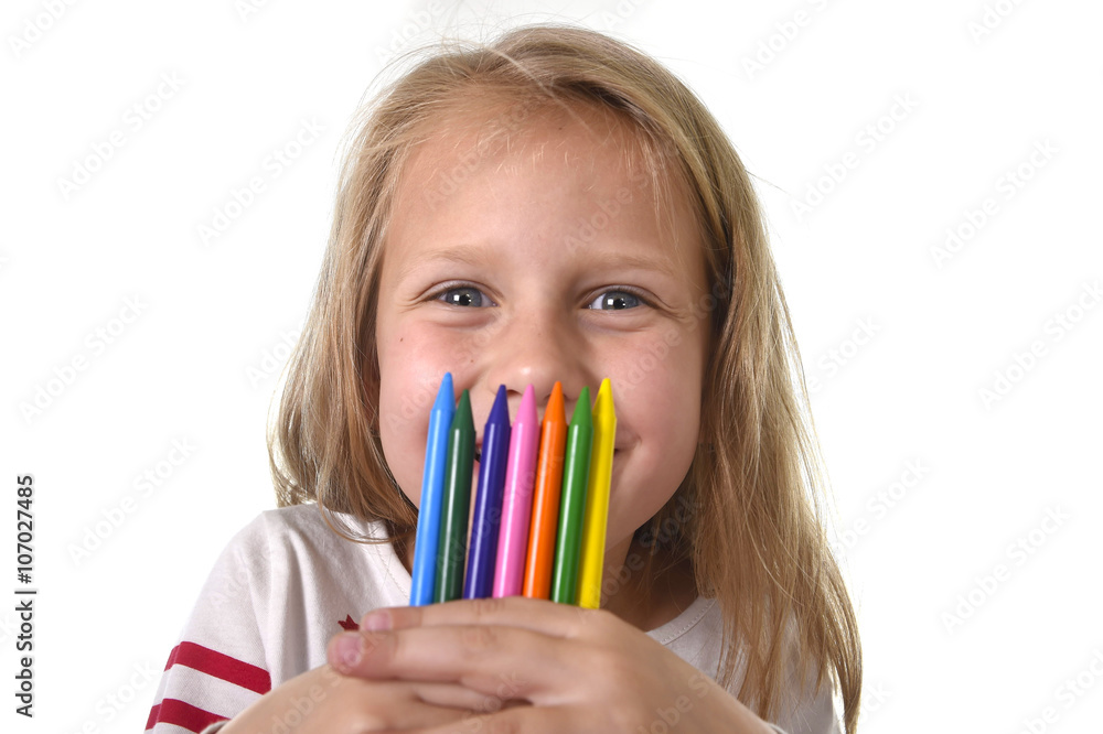 beautiful little girl holding multicolor crayons set in art school children education concept beautiful little girl holding multicolor crayons set in art school children education concept