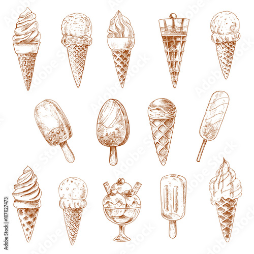 Ice cream desserts isolated sketches