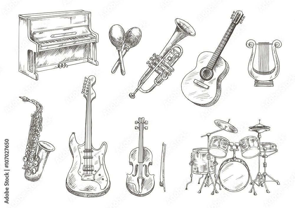 Fototapeta premium Sletched classic musical instruments set