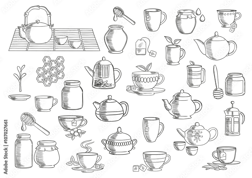 Tea and beverages hand drawn objects Tea and beverages hand drawn objects