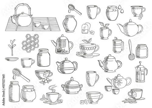 Tea and beverages hand drawn objects