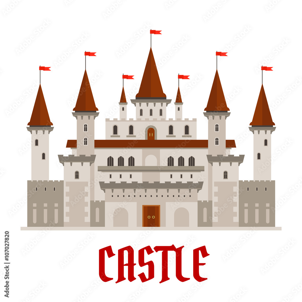 Medieval castle building with red flags