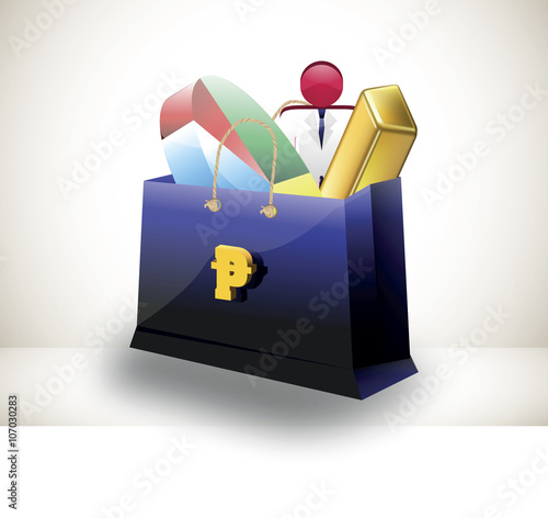 vector image of a shopping bag with pie chart and gold bar.