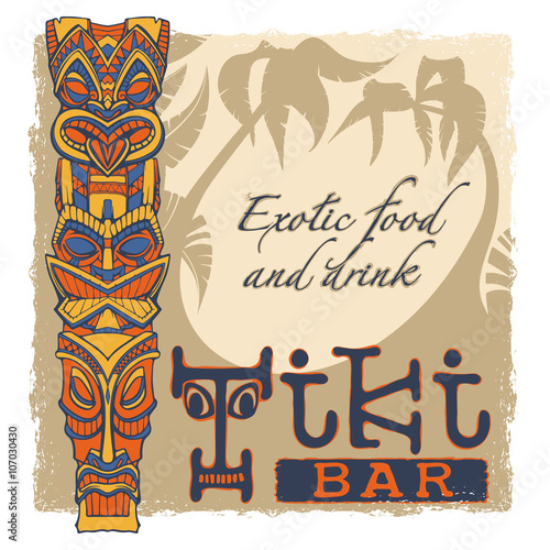Tiki bar sign. Background, grunge frame, text, tiki on separate layers