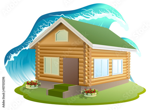 Property insurance. Wooden house was flooded with water. Flooding tsunami