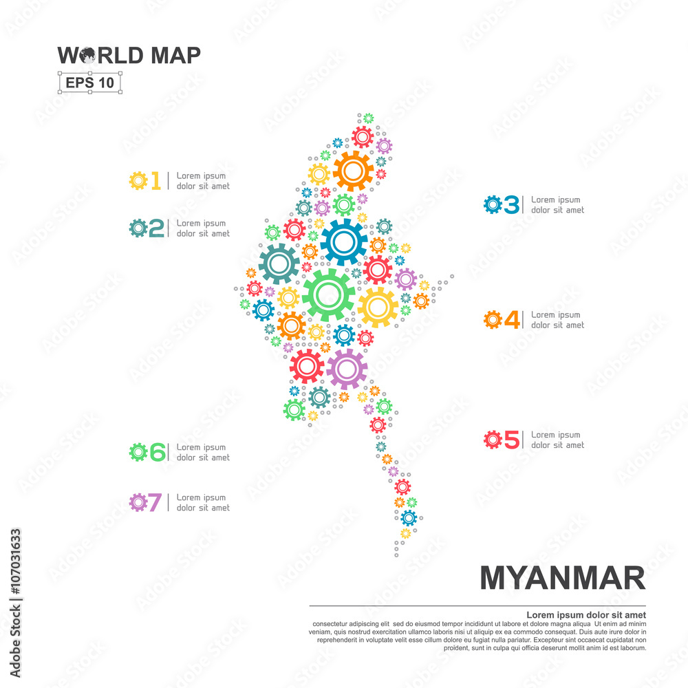 Map Of Myanmar Infographic design template with gear chain Map Of Myanmar Infographic design template with gear chain