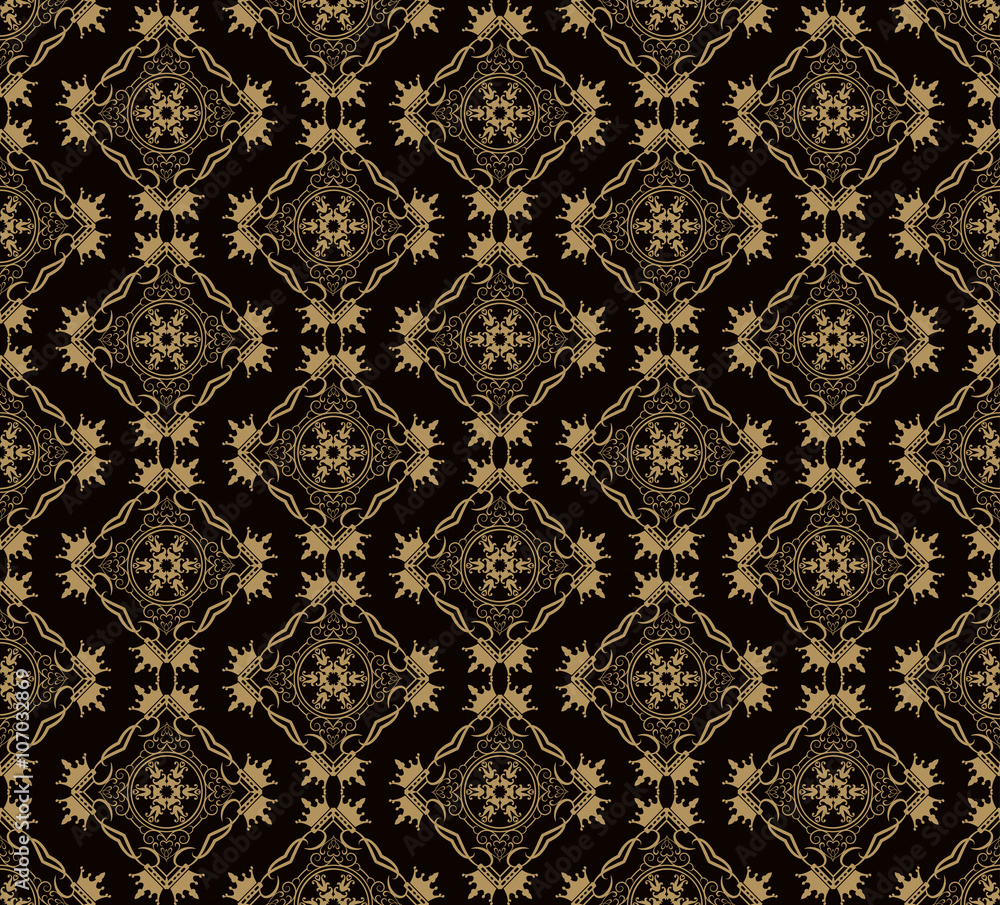 Damask seamless pattern background in dark colors. Vector illustration