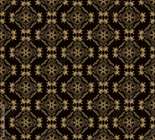 Damask seamless pattern background in dark colors. Vector illustration