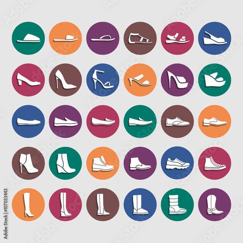 Shoes icons. Icons women fashion shoes. White silhouette with shadow in colored circle