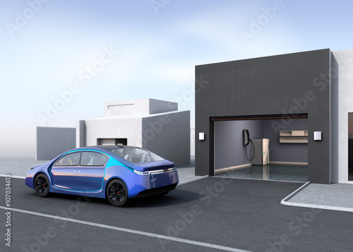 Blue electric car park near to parking garage. 3D rendering image.