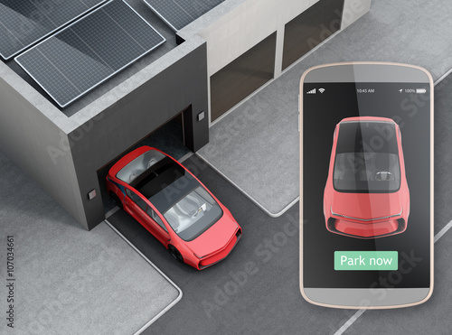Parking car by automatic parking app concept. 3D rendering image.