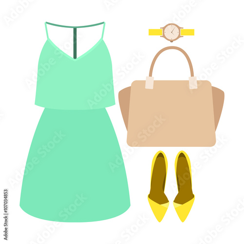 Set of trendy women's clothes with dress and accessories. Vector illustration