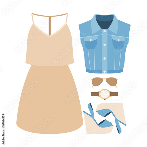 Set of trendy women's clothes with denim vest, dress and accessories. Vector illustration