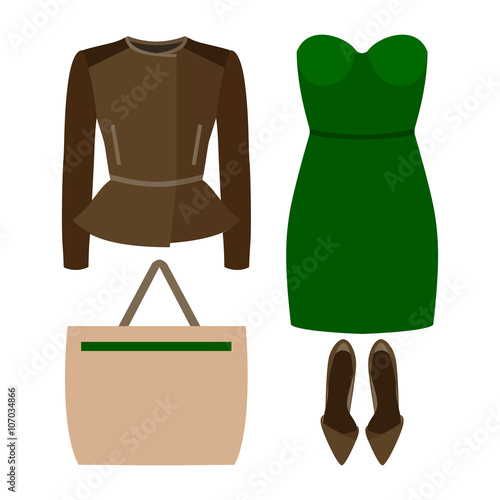 Set of trendy women's clothes with rocer jacket, dress and accessories. Vector illustration