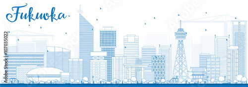 Foto Outline Fukuoka Skyline with Blue Landmarks.