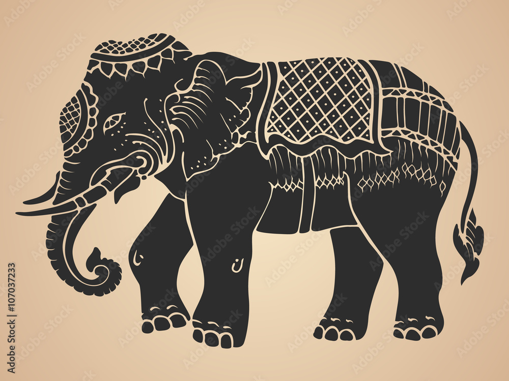 Naklejka premium Czarny słoń bojowy - tajska tradycyjna sztuka wektor