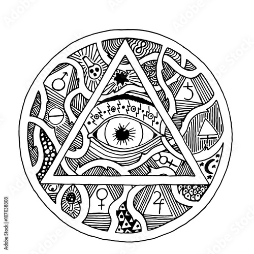 All seeing eye pyramid symbol in tattoo engraving design
