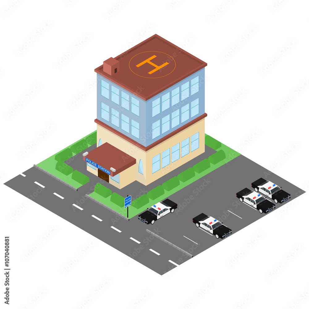 Fototapeta premium The building of the police station in the isometric. Police cars