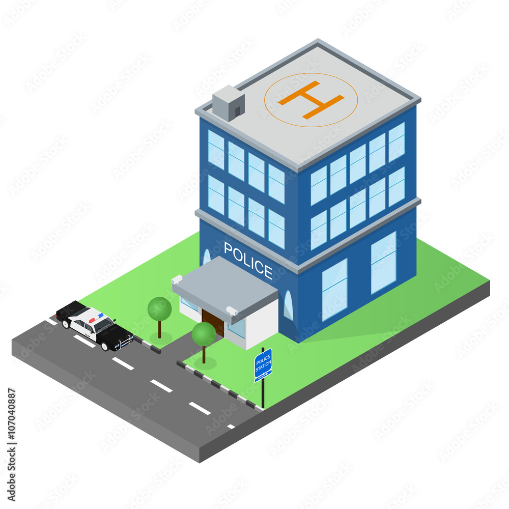 The building of the police station in the isometric. Police car. The building of the police station in the isometric. Police car.