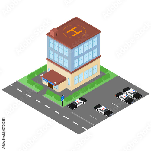 The building of the police station in the isometric. Police cars © poganka06