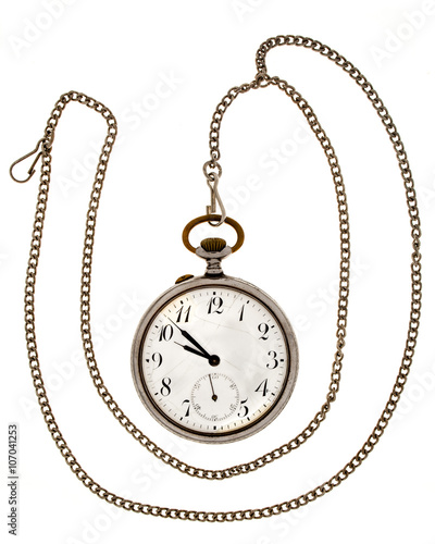 Antique watch a chain on a white background.