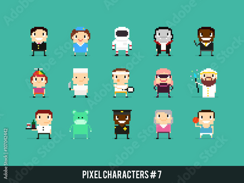 Set of pixel art characters with different gender, skin color, occupation and posture