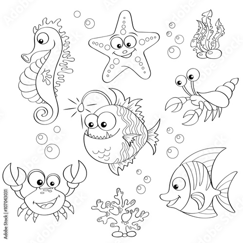 Set of cute cartoon sea animals. Black and white vector illustration for coloring book