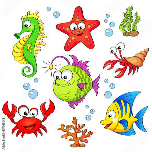 Set of cute cartoon sea animals isolated on white background