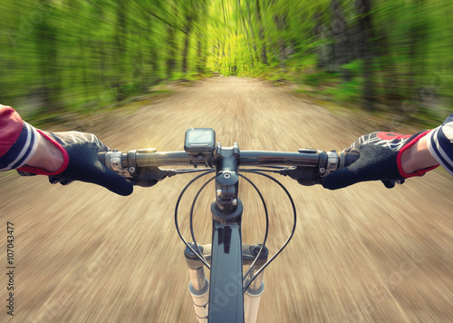 Ride on bicycle on road in summer forest. Sport and active life concept