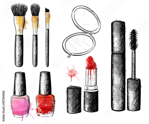 Cosmetics collection. Vector fashion set. Hand drawn graphic lips, eye, heels, mascara, lipstick, nail polish. Sketch vector illustration.
