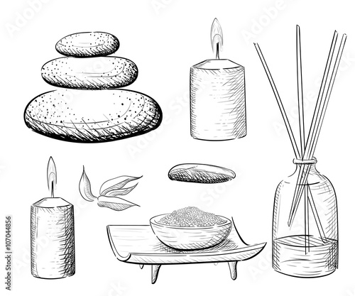Spa vector set. Rock Salt Essential Oil Jacuzzi Hand draw vector illustration