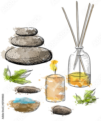 Spa vector set. Rock Salt Essential Oil Jacuzzi Hand draw vector illustration