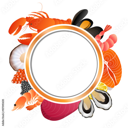 Circle frame food background fish mussel shrimp oyster salmon lobster tuna caviar scallop vector