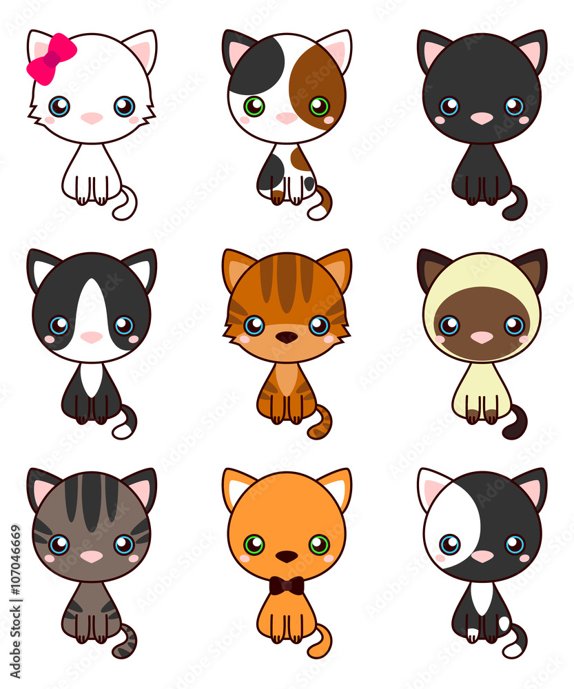 Cat Set, with black cat, white cat, grey cat, grey and white cat, brown and  black act, brown cat. Cute cats flat icons. Vector Illustration Cartoon  Stock Vector | Adobe Stock