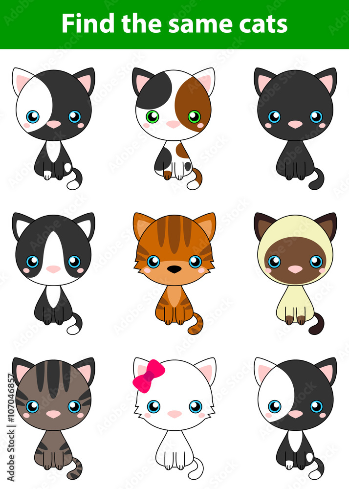 Game for children: find the same cats (white cat, grey cat,brown and black act, brown cat). Vector illustration