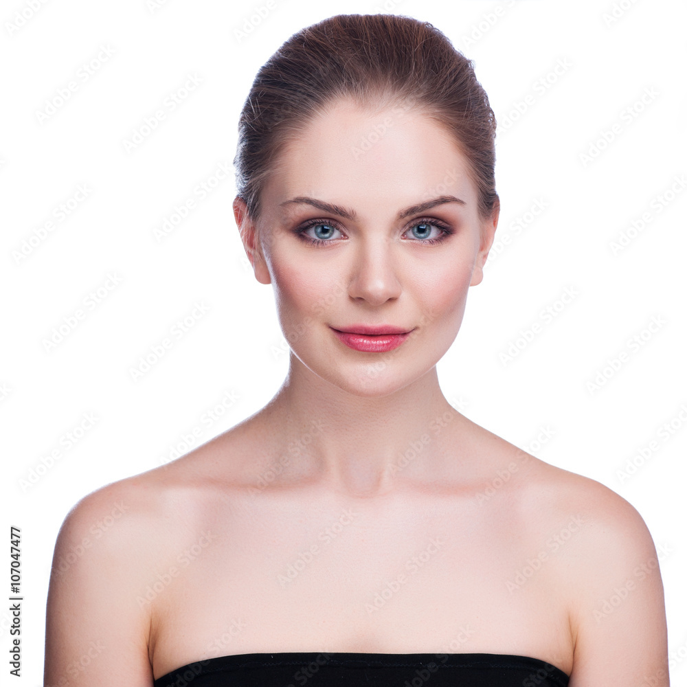 Pretty face of beautiful smiling woman - posing at studio isolated on white Pretty face of beautiful smiling woman - posing at studio isolated on white