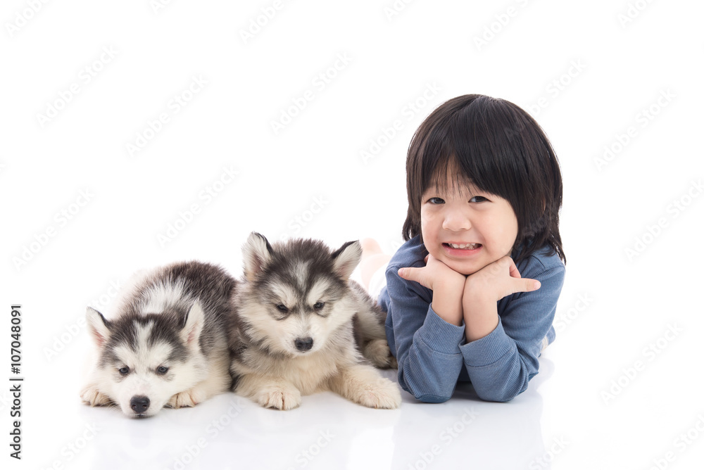 Cute asian boy lying with siberian husky puppies Cute asian boy lying with siberian husky puppies