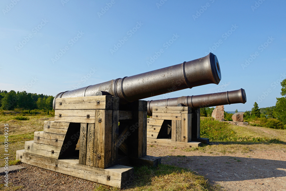 Russian cannon of ruined Bomarsund Fortress. Fortress is ruined 19th c fortress in Aland which was destroyed during Crimean War. It was built at time when Aland was part of Russian territory