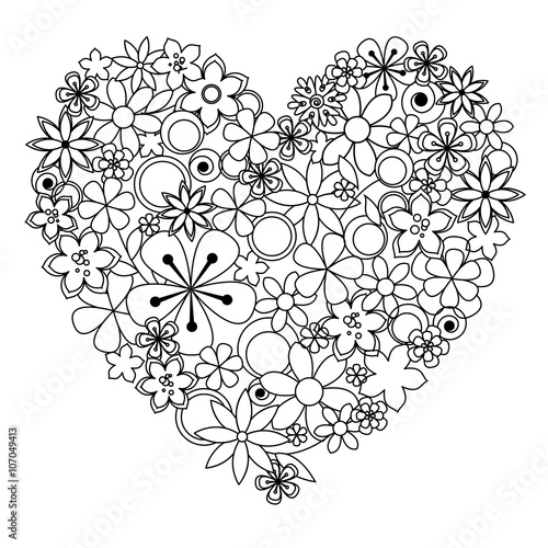 Decorative heart made of black an white flowers for coloring pag