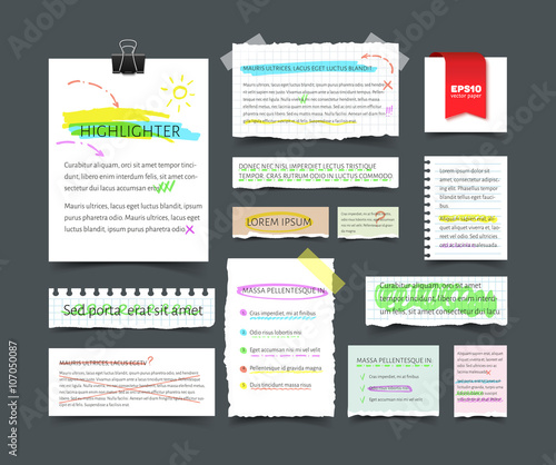 Collection of various blank white paper with text and highlighter strokes