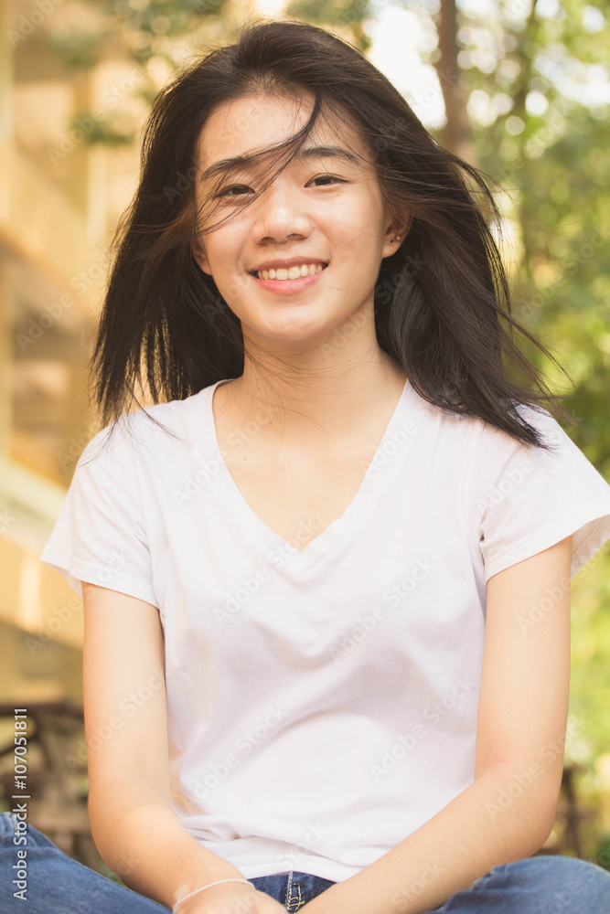 asia thai teenager Women White T-Shirt Writing relax and smile asia thai teenager Women White T-Shirt Writing relax and smile