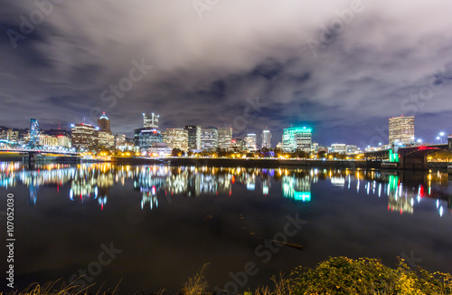 water with reflection and cityscape and skyline of portland at n