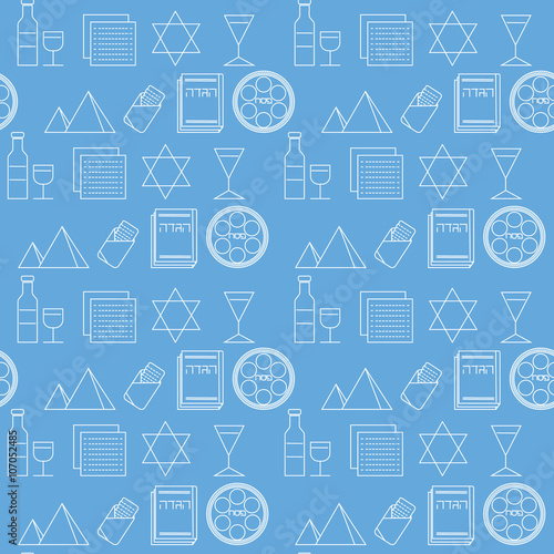 Passover seamless pattern background. Jewish holiday Passover symbols. Blue background. Vector illustration