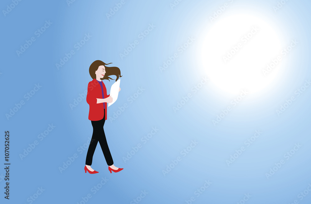 business woman walking with a note. business woman walking with a note.