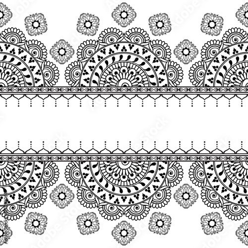 Border seamless element with flowers and laces in Indian mehndi style for card and tattoo.