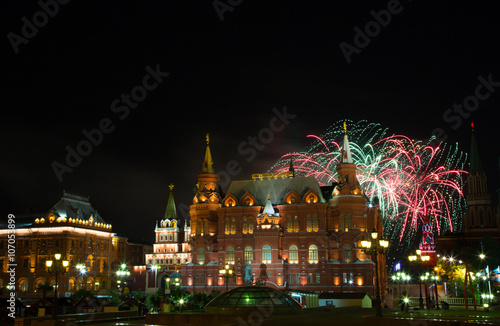 Festive fireworks against the Historical museum, Moscow